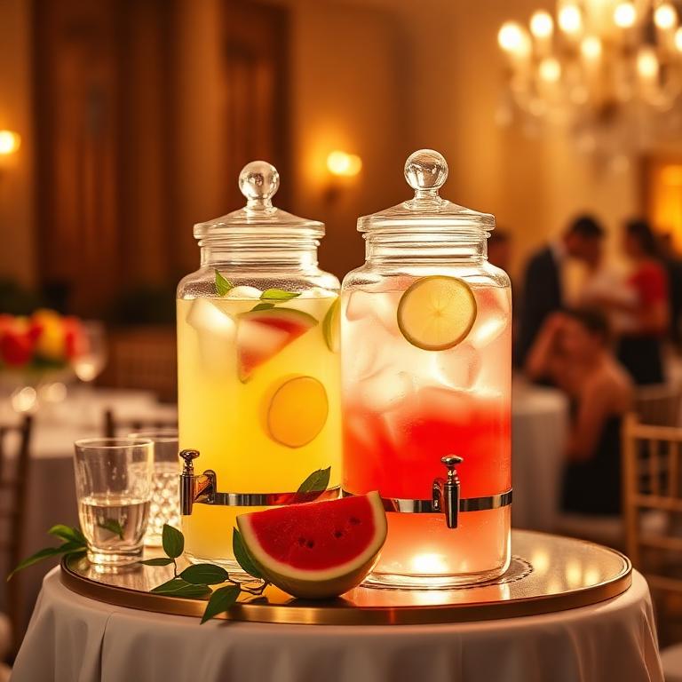 Lemoniada arbuzowa i cytrynowa w szklanych dyspenserach na weselu