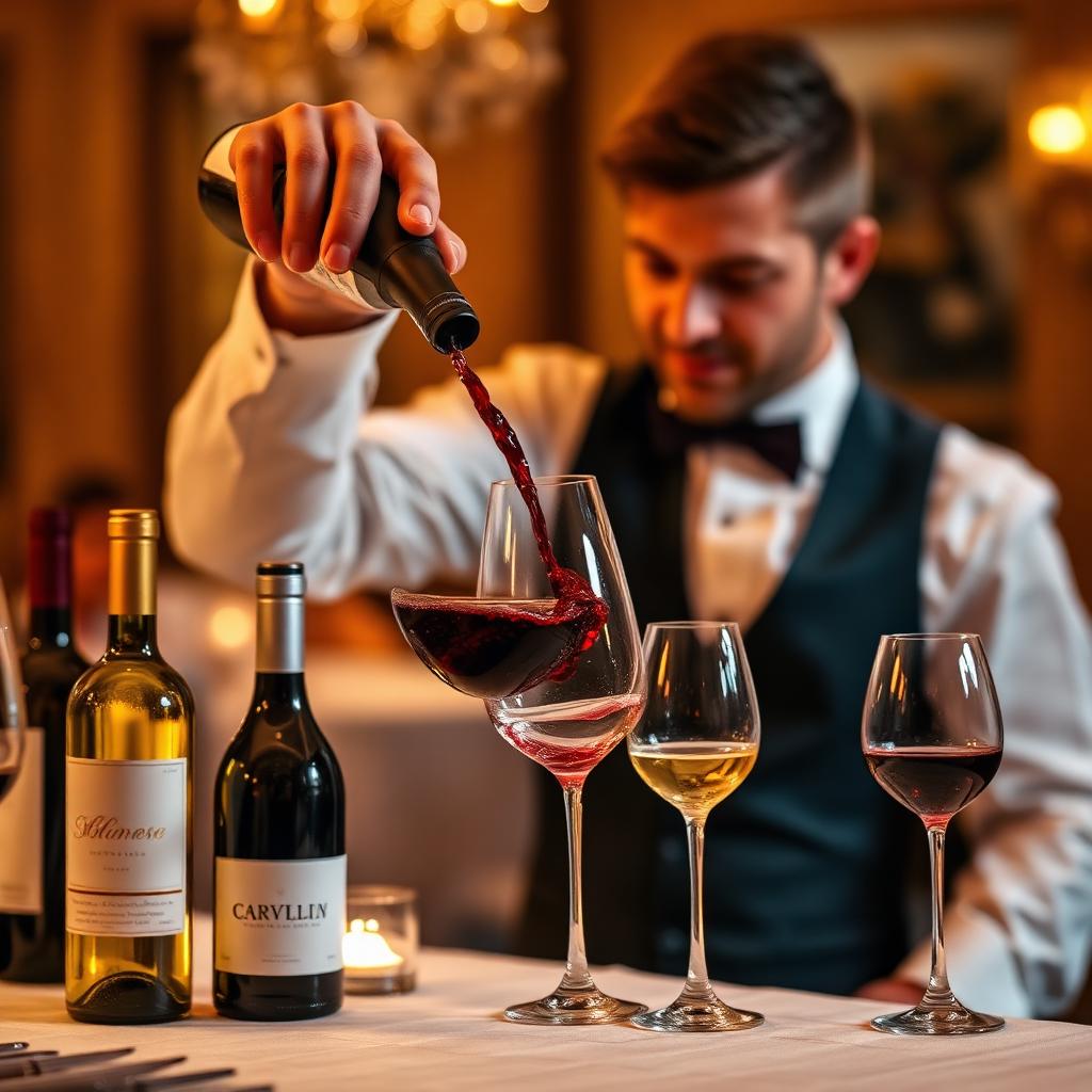 Sommelier nalewa wino do kieliszka na weselu
